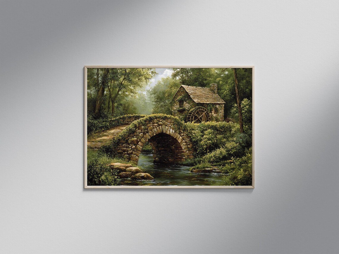 Vintage Stone Bridge Over Stream, Rustic Landscape