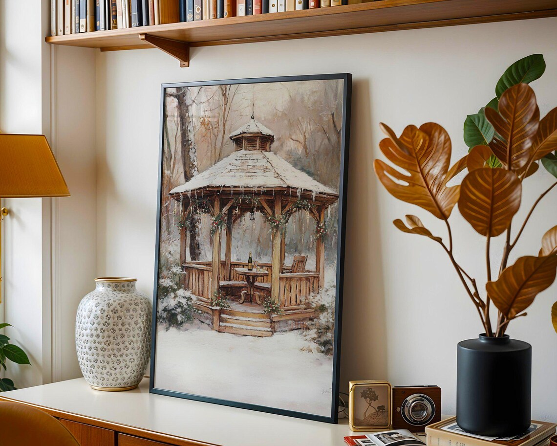 Winter Gazebo Rustic Snowy Scene, Christmas Decor - Image 2