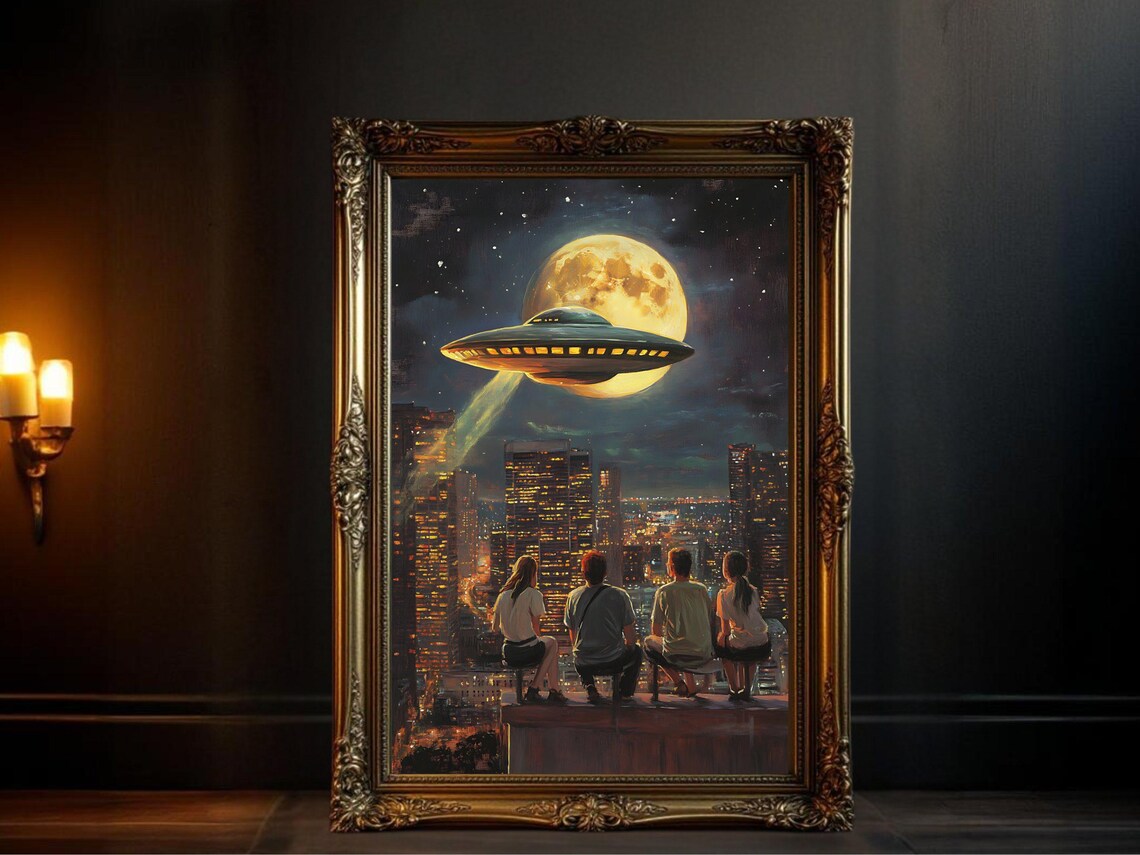 Surreal Ufo Cityscape, Moonlit Sci-Fi City Poster