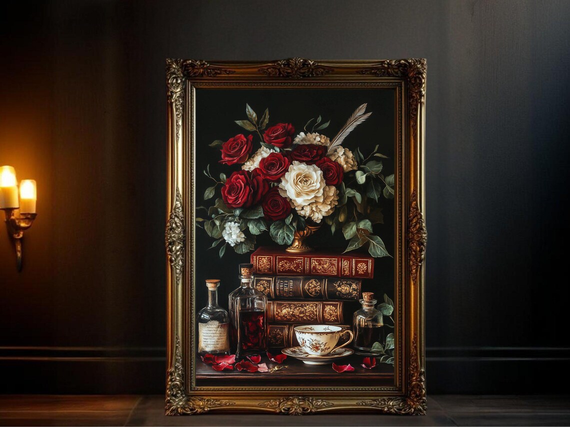 Vintage Roses And Books, Antique Floral Poster
