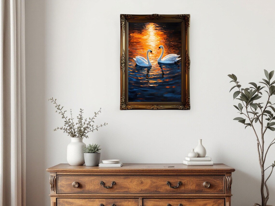Elegant Swan Wall Art, Romantic Lake Scene - Image 3