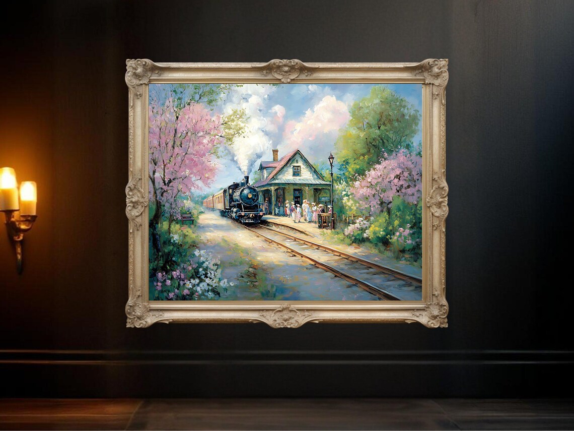 Vintage Train Station Landscape, Antique Railway Artwork