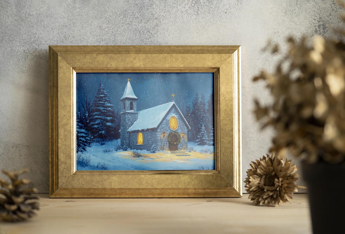 Snowy Christmas Chapel, Rustic Winter Scene - Image 2