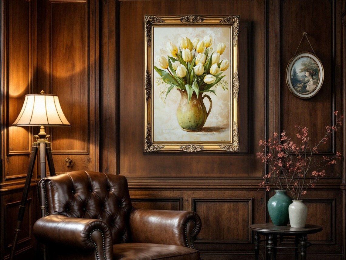 Yellow Tulip Bouquet, Vintage Oil Painting - Image 2