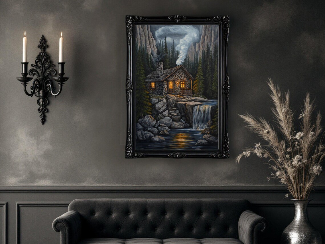 Rustic Cabin Waterfall Painting, Nature Landscape - Image 2