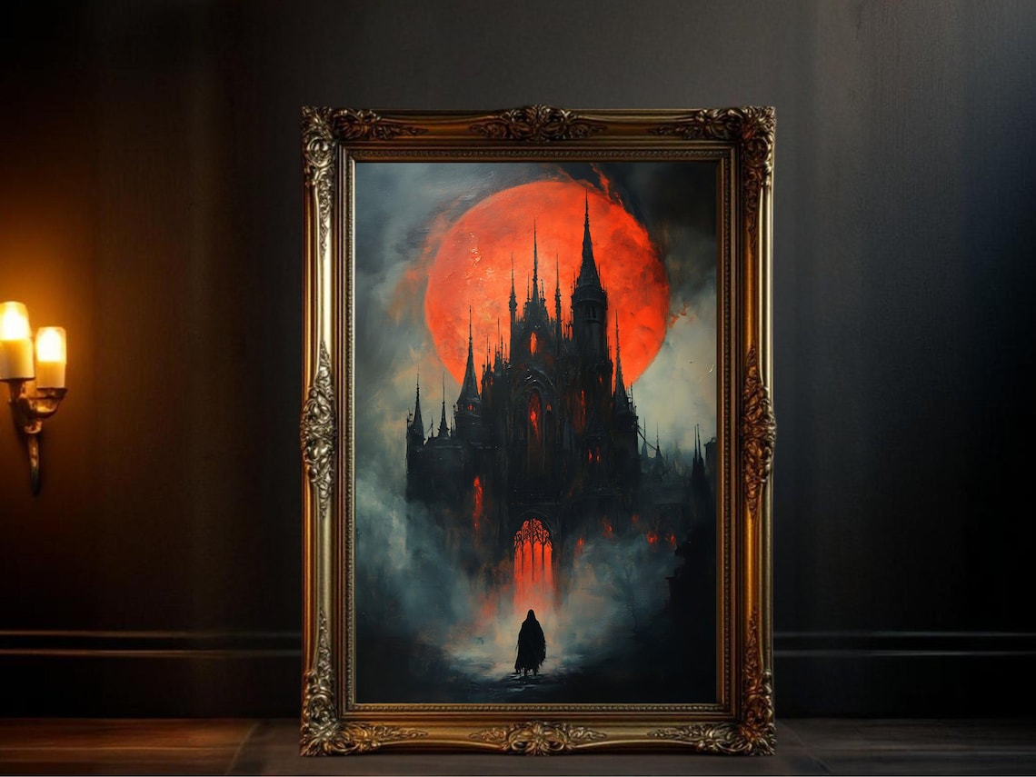 Gothic Castle Dark Fantasy Art Print, Spooky Moon