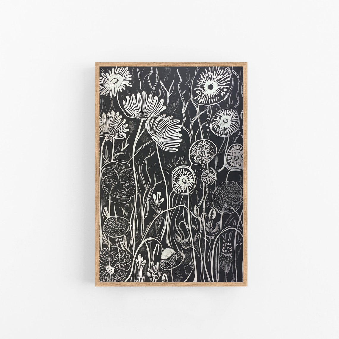 Black And White Floral Botanical Ink Sketch Wildflower Line Art Print