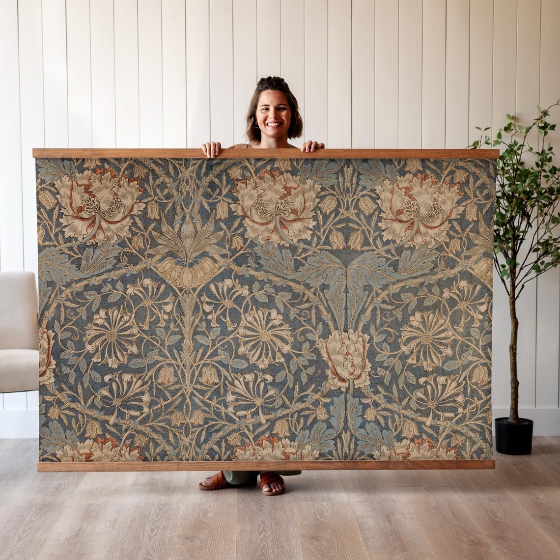 Vintage Blue Honeysuckle Floral Textile Pattern Arts and Crafts Poster