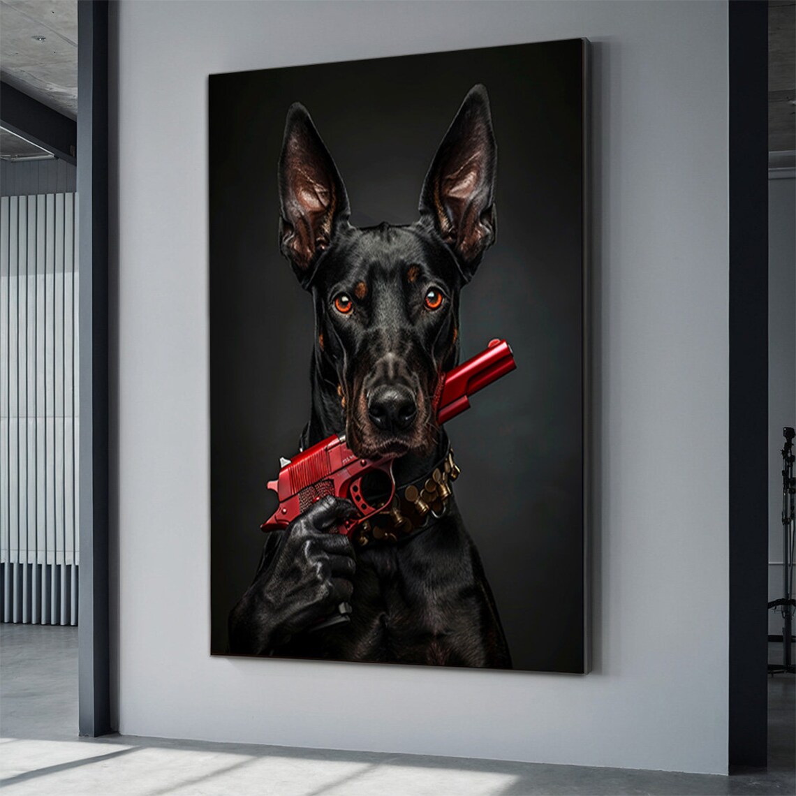 Doberman Dog Holding Red Pistol Gloved Hand Luxury Black Art Poster