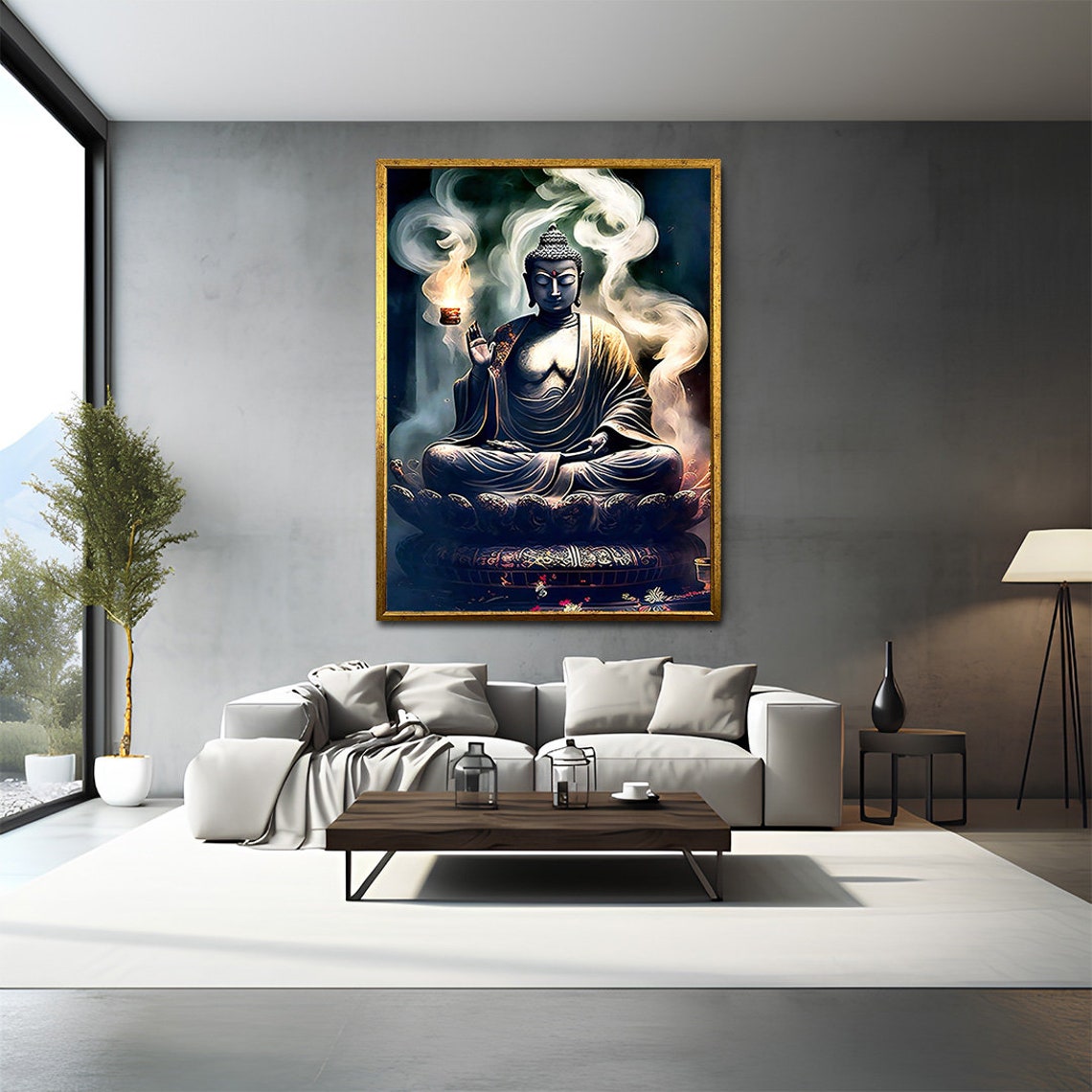 Dark Buddha Incense Smoke Lotus Throne Mystical Meditation Wall Art - Image 2