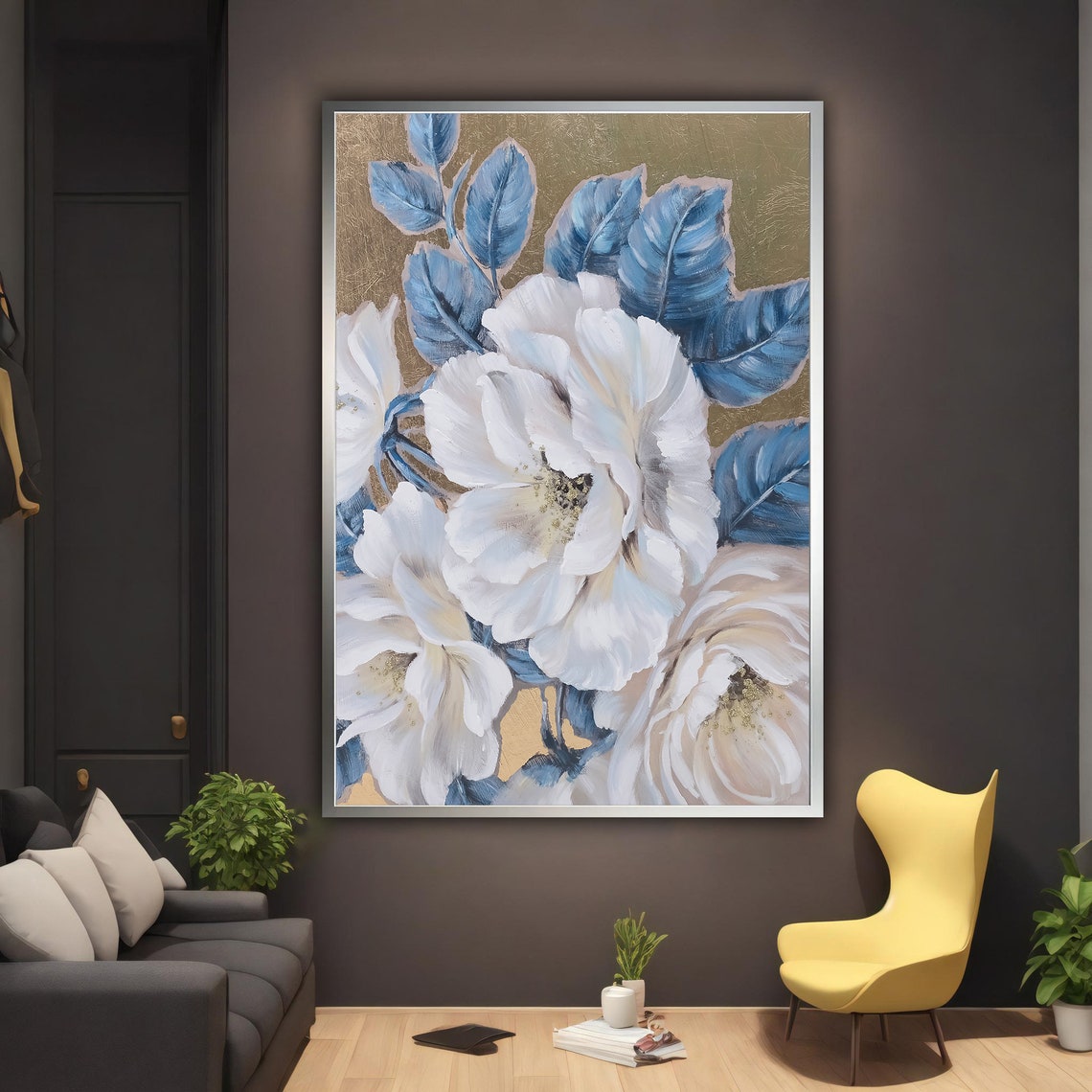 White Peonies Blue Leaves Gold Background Floral Oil Painting Poster - Image 2
