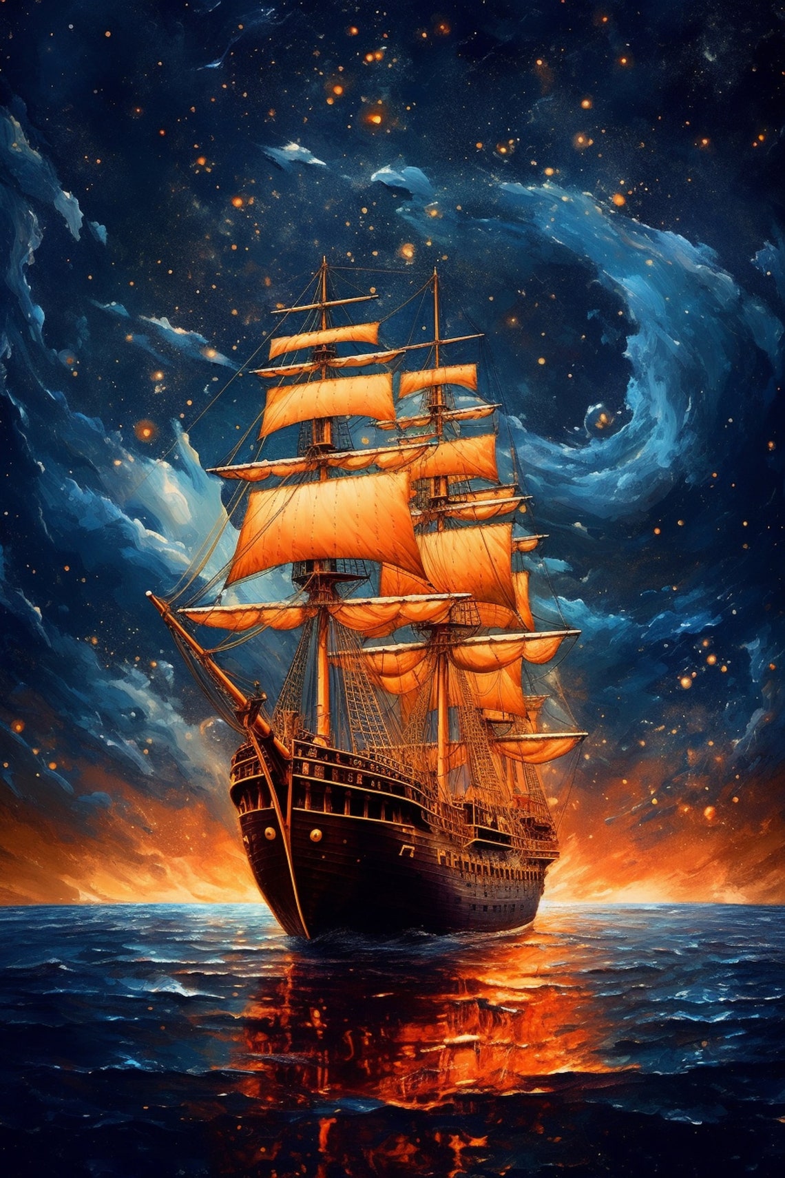 Golden Sails Tall Ship At Sunset Under Starry Night Sky Ocean Poster - Image 2