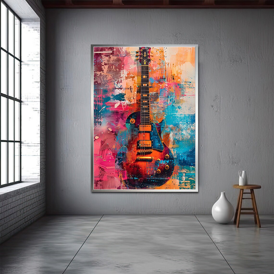 Electric Guitar Graffiti Background Pink Turquoise Rock Music Art Print - Image 3