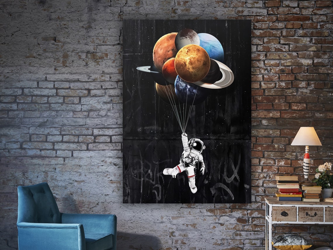 Astronaut Floating Planet Balloons Surreal Space Graffiti Poster - Image 3