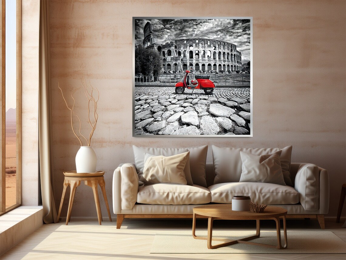 Red Vespa Scooter At Rome Colosseum Black White Color Pop Art Poster - Image 2