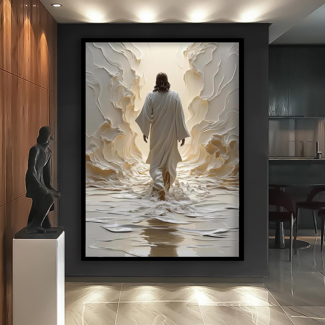 Jesus Walking on Water White and Gold Textured Christian Faith Art Poster - Image 2