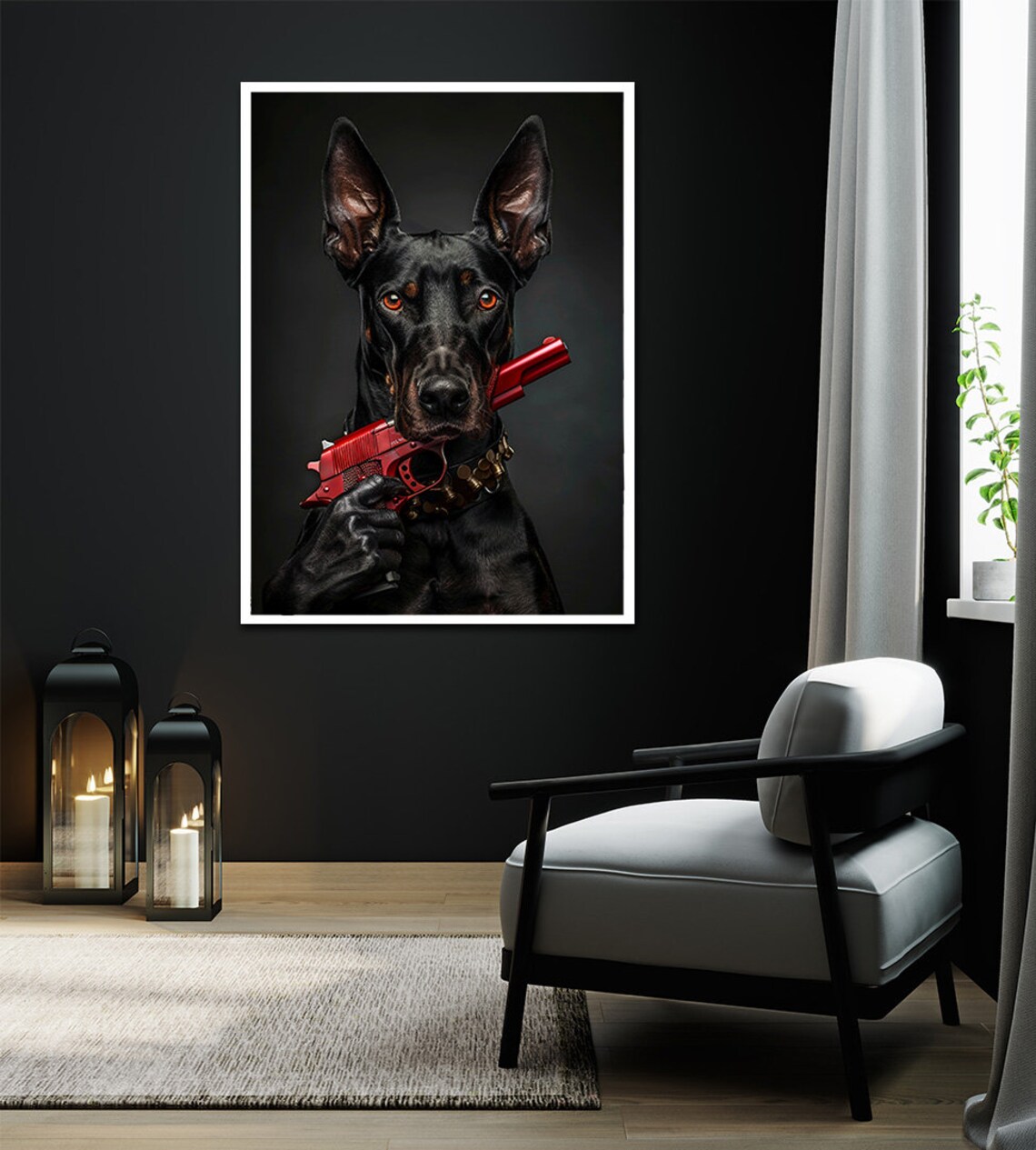 Doberman Dog Holding Red Pistol Gloved Hand Luxury Black Art Poster - Image 2
