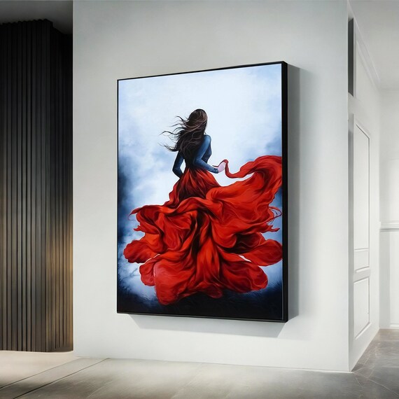 Windblown Red Dress Woman Back View Flowing Fabric Misty Art Print