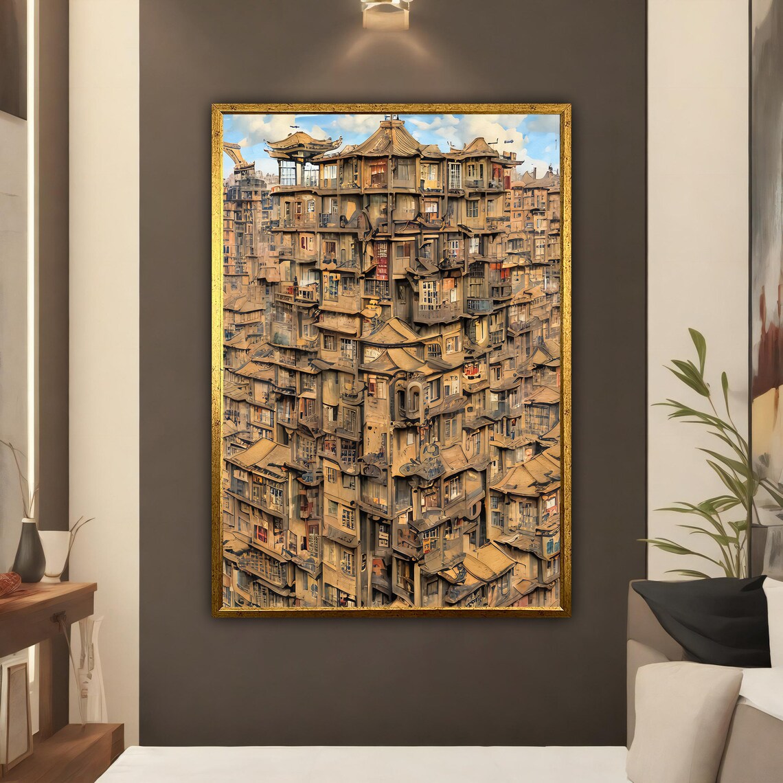 Surreal Asian Old City Stacked Houses Fantasy Painting Wall Poster - Image 3