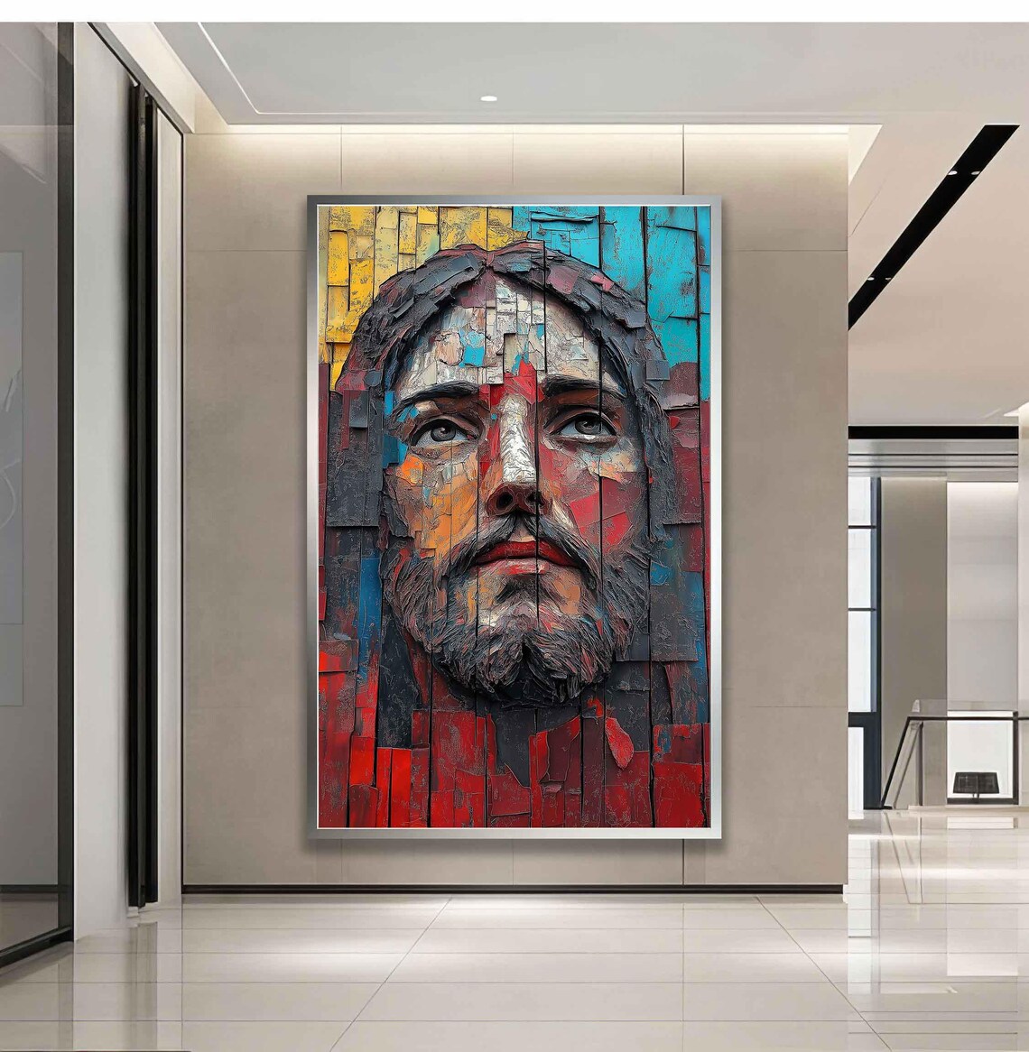 Jesus Christ Face Colorful Mosaic Relief Portrait Golden Halo Art Print - Image 3