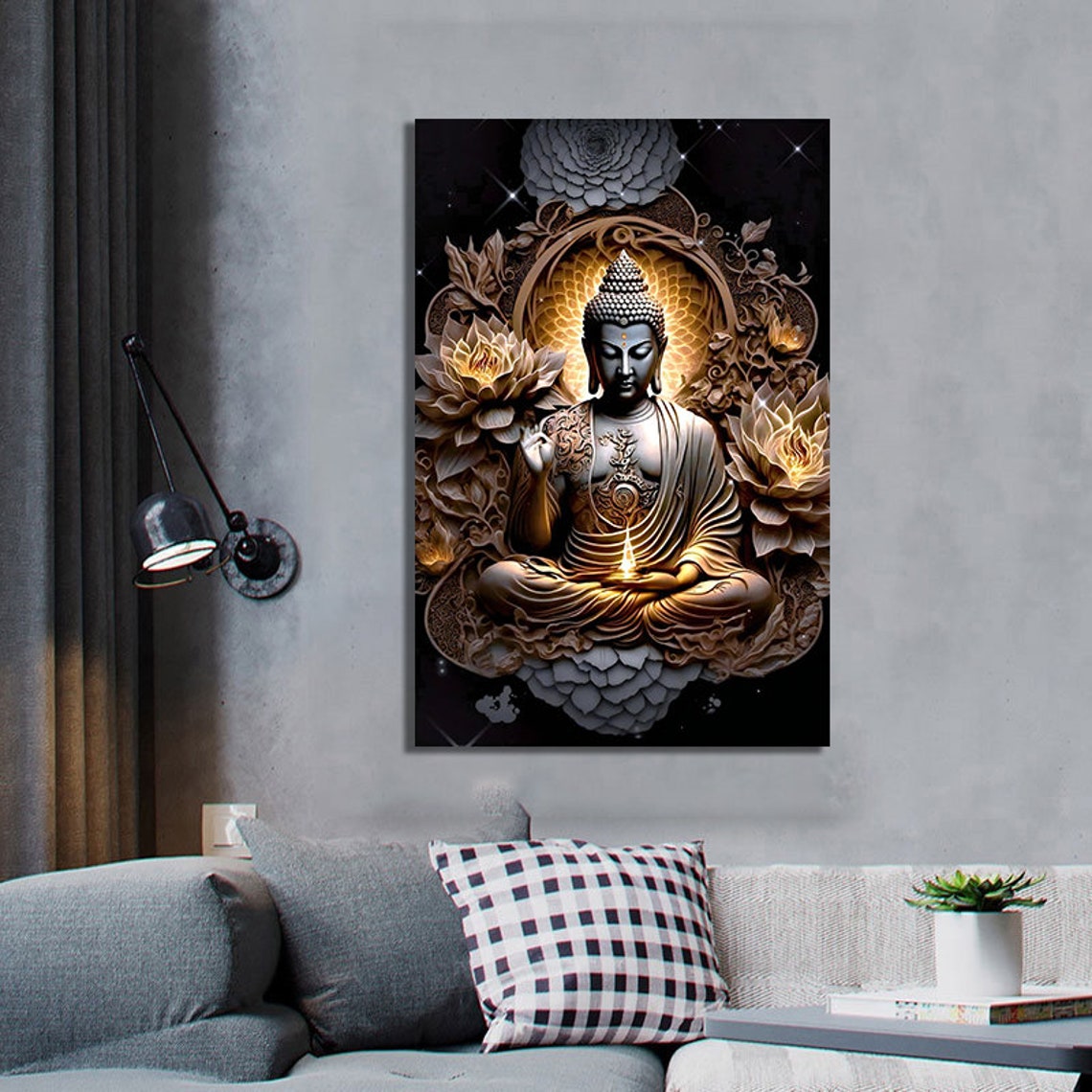 Black Gold Buddha Statue Lotus Flower Meditation Zen Wall Art Poster - Image 2