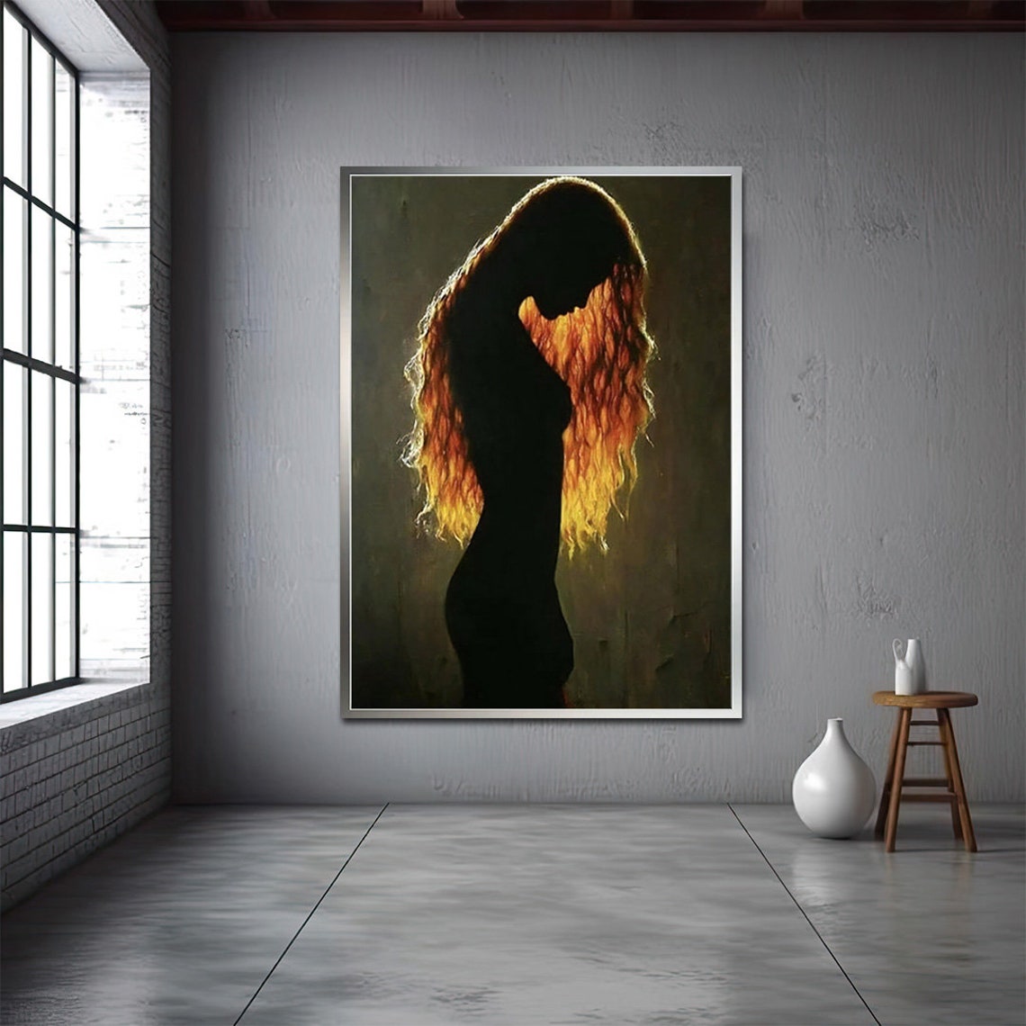 Woman Silhouette Golden Fire Hair Dark Elegant Portrait Wall Art Print