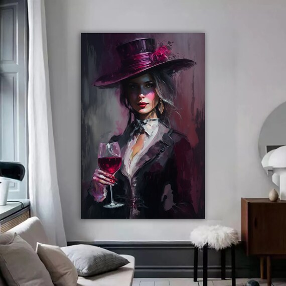 Mysterious Woman Wine Glass Dark Pink Hat Elegant Portrait Wall Art Print
