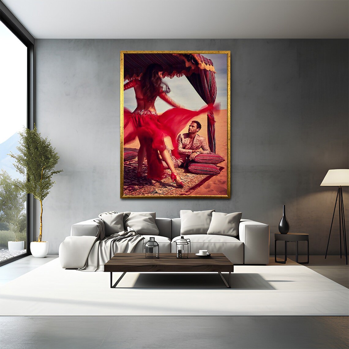 Red Dress Dancer Desert Tent Passionate Dance Painting Vibrant Wall Art