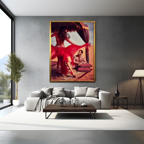 Red Dress Dancer Desert Tent Passionate Dance Painting Vibrant Wall Art