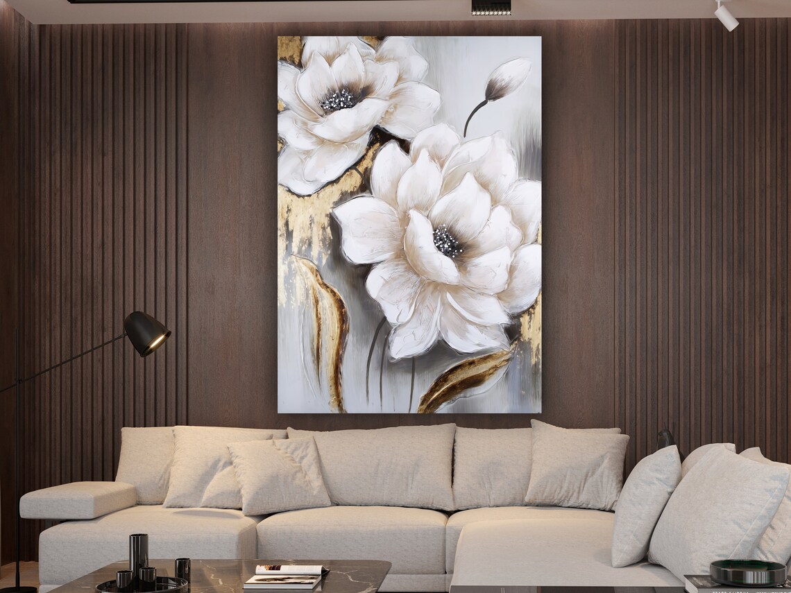 White Flowers Gold Painting Elegant Floral Canvas Modern Botanical Art - Image 2