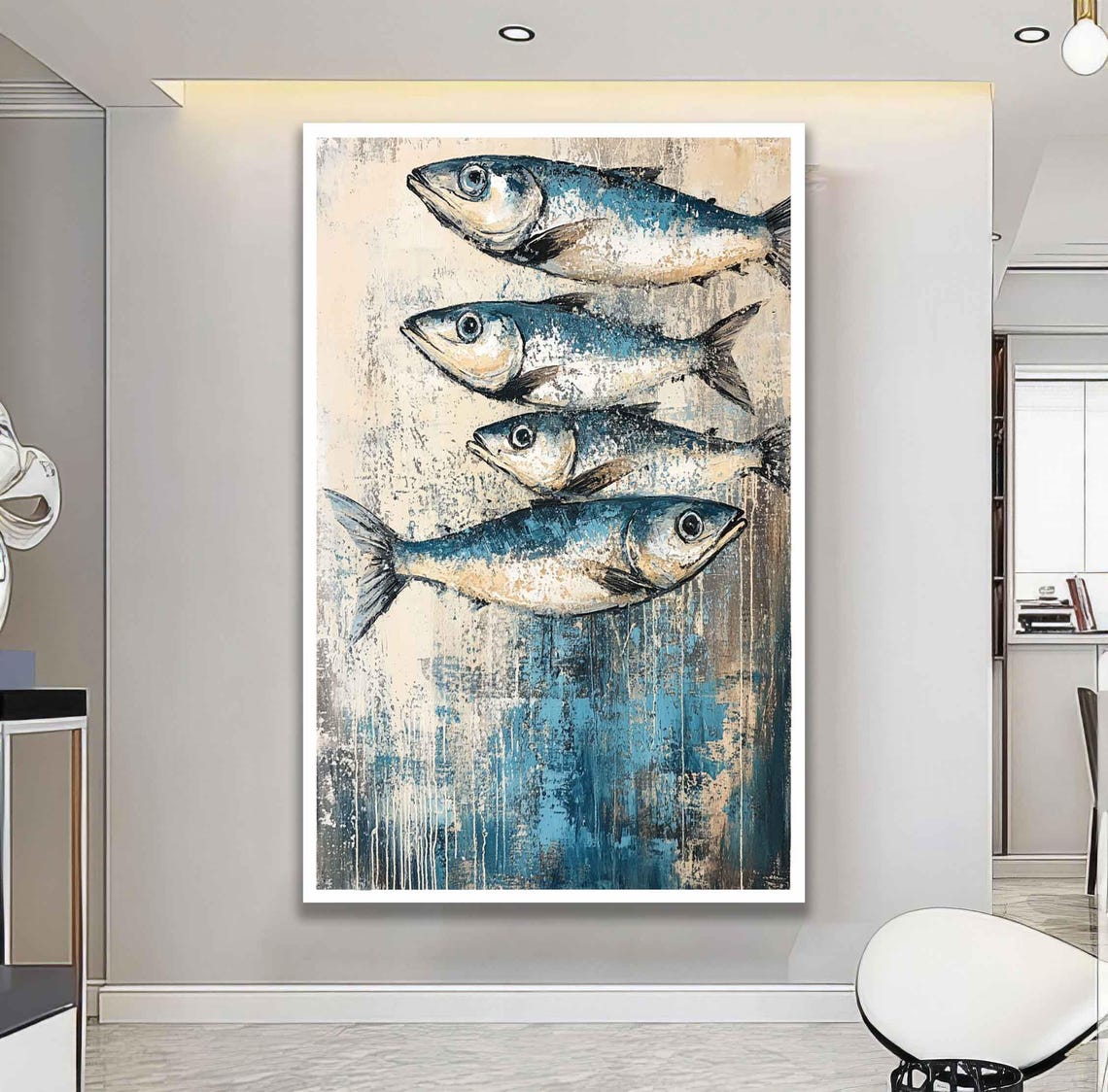 Four Blue Sardines On Textured Beige Rustic Coastal Fish Art Print - Image 2