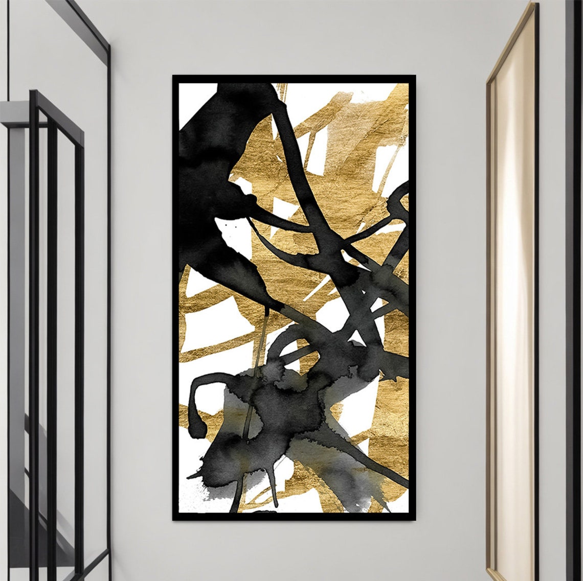 Black And Gold Abstract Ink Splash Painting Modern Luxury Wall Art