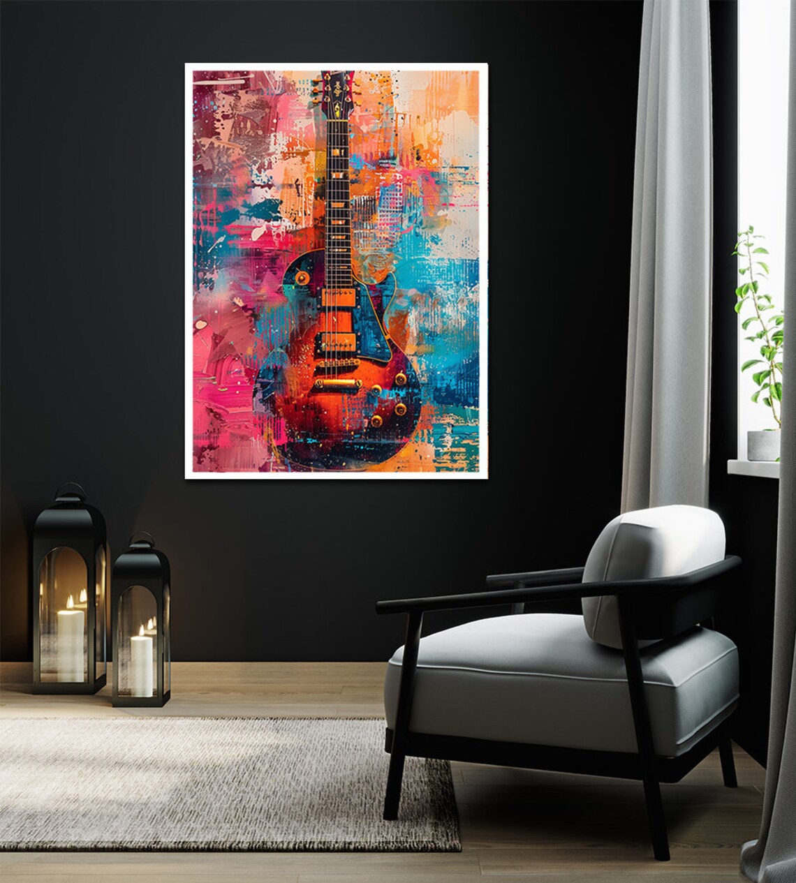 Electric Guitar Graffiti Background Pink Turquoise Rock Music Art Print - Image 2