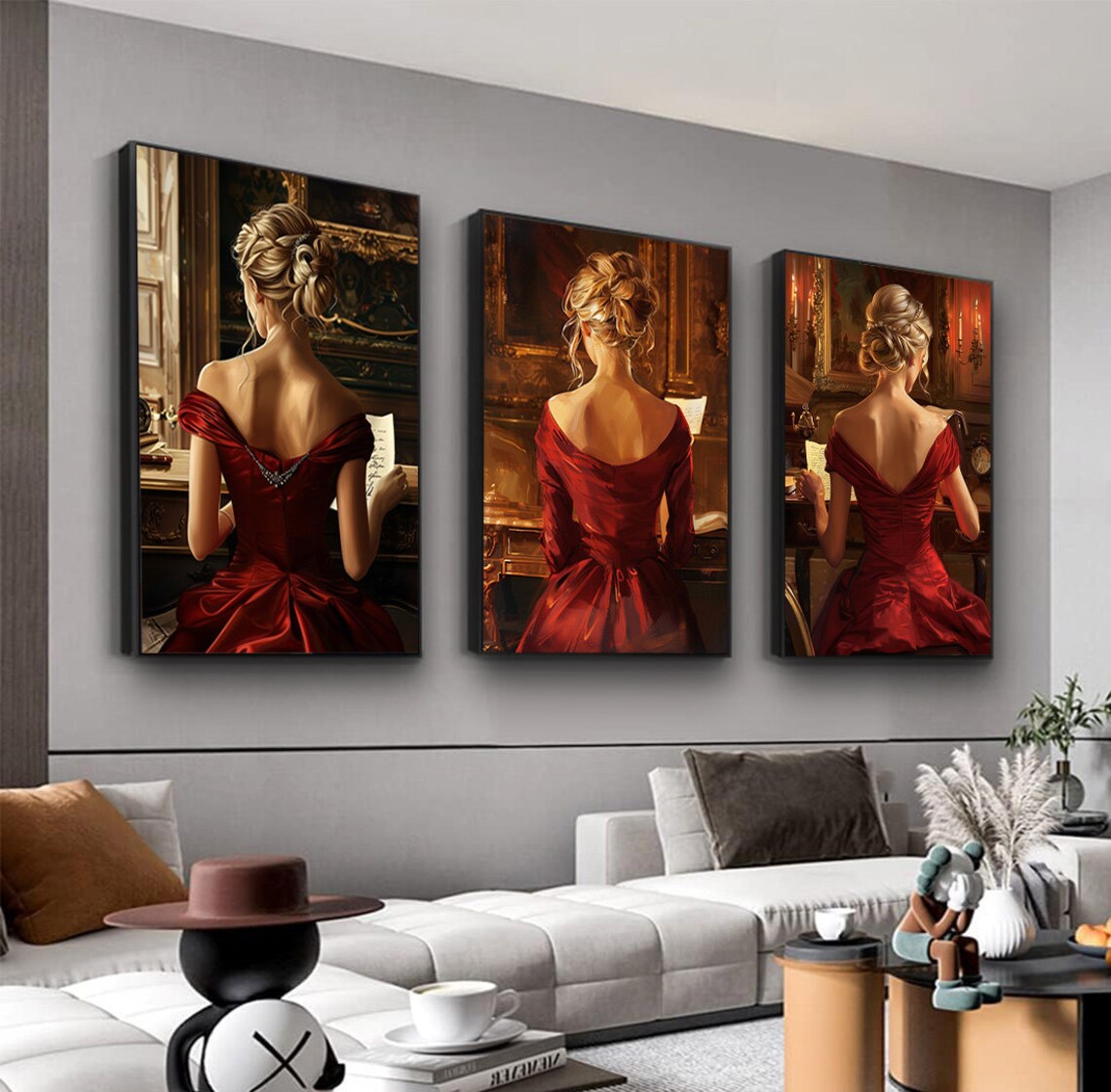 Woman In Red Dress At Piano Elegant 3 Piece Canvas Set Poster
