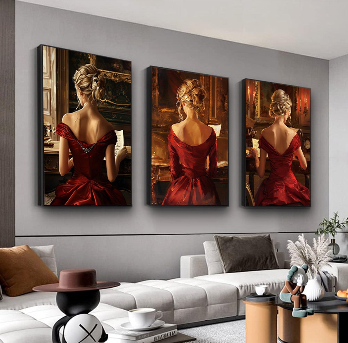 Women In Red Dress Playing Piano Painting Set Blonde Girls In Red Dress Art Red Decor Music Wall Print