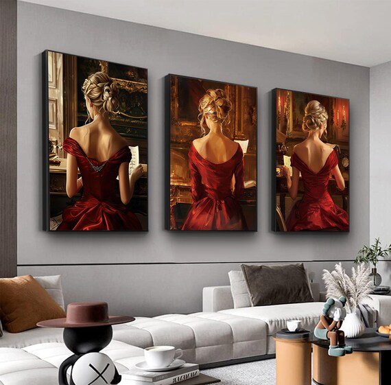 Woman In Red Dress At Piano Elegant 3 Piece Canvas Set Poster