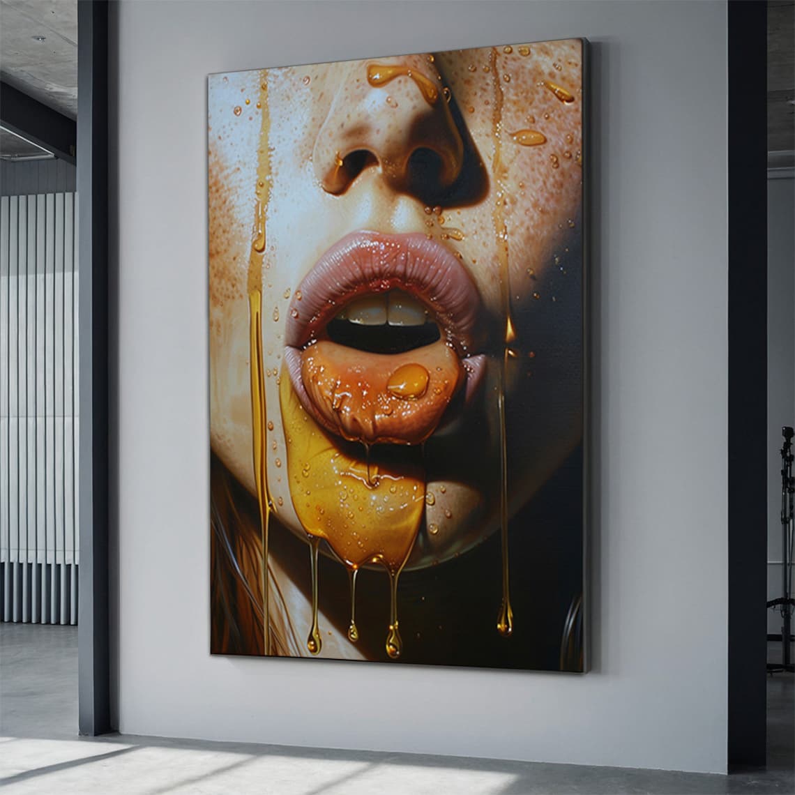 Sensual Woman Lips Dripping Golden Honey Photorealistic Oil Art Poster - Image 3