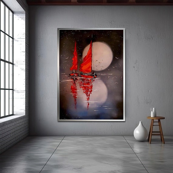 Perfect Landscape Painting Printed Painting Nature Art Moon Poster Red Sail Painting Ship Landscape Painting Black Red Painting