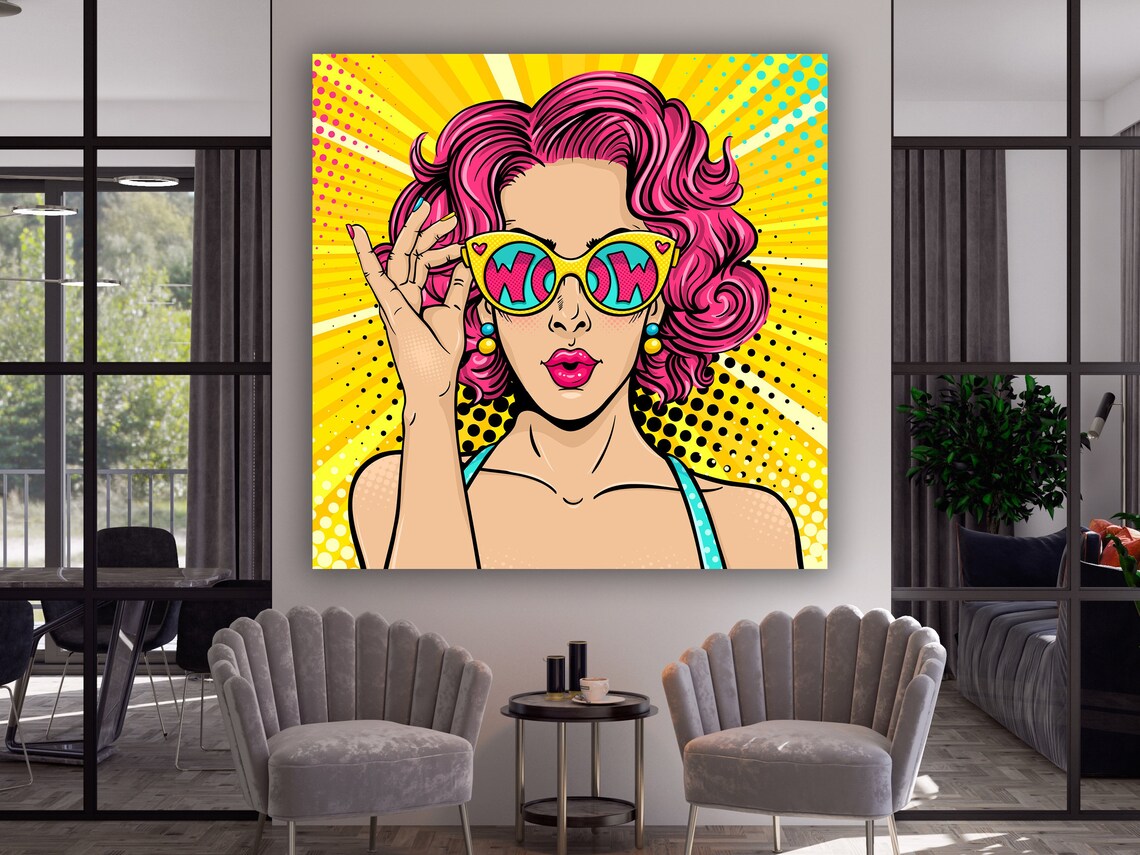 WOW Sunglasses Pink Hair Pop Art Comic Style Woman Retro Poster