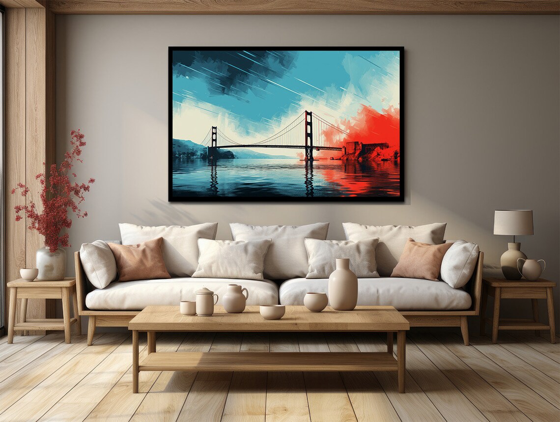Golden Gate Bridge Stylized Painting Teal Red Sunset Water Poster - Image 3
