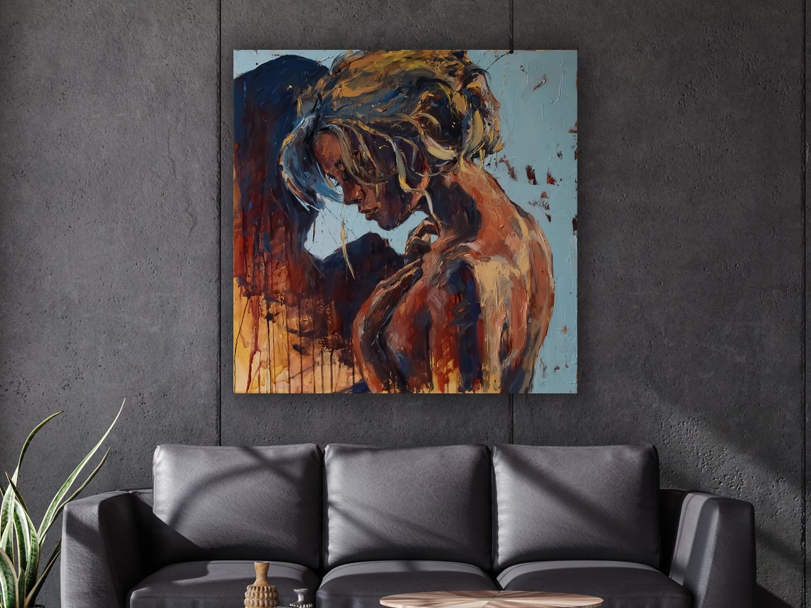 Sensual Couple Embrace Abstract Painting Warm Tones Art Poster - Image 2