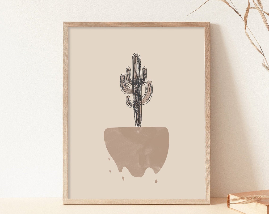 Line Drawn Saguaro Cactus Beige Pot Boho Minimal Desert Wall Art - Image 3