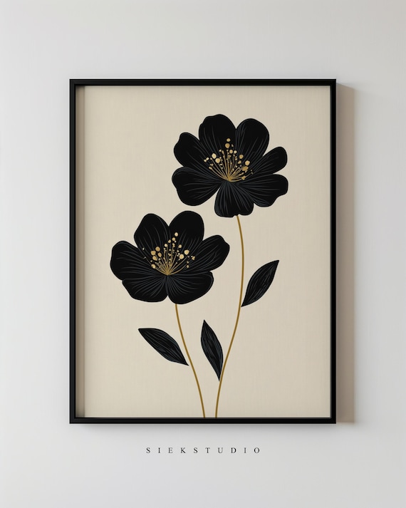 Minimalist Black Flower Painting, Art Print