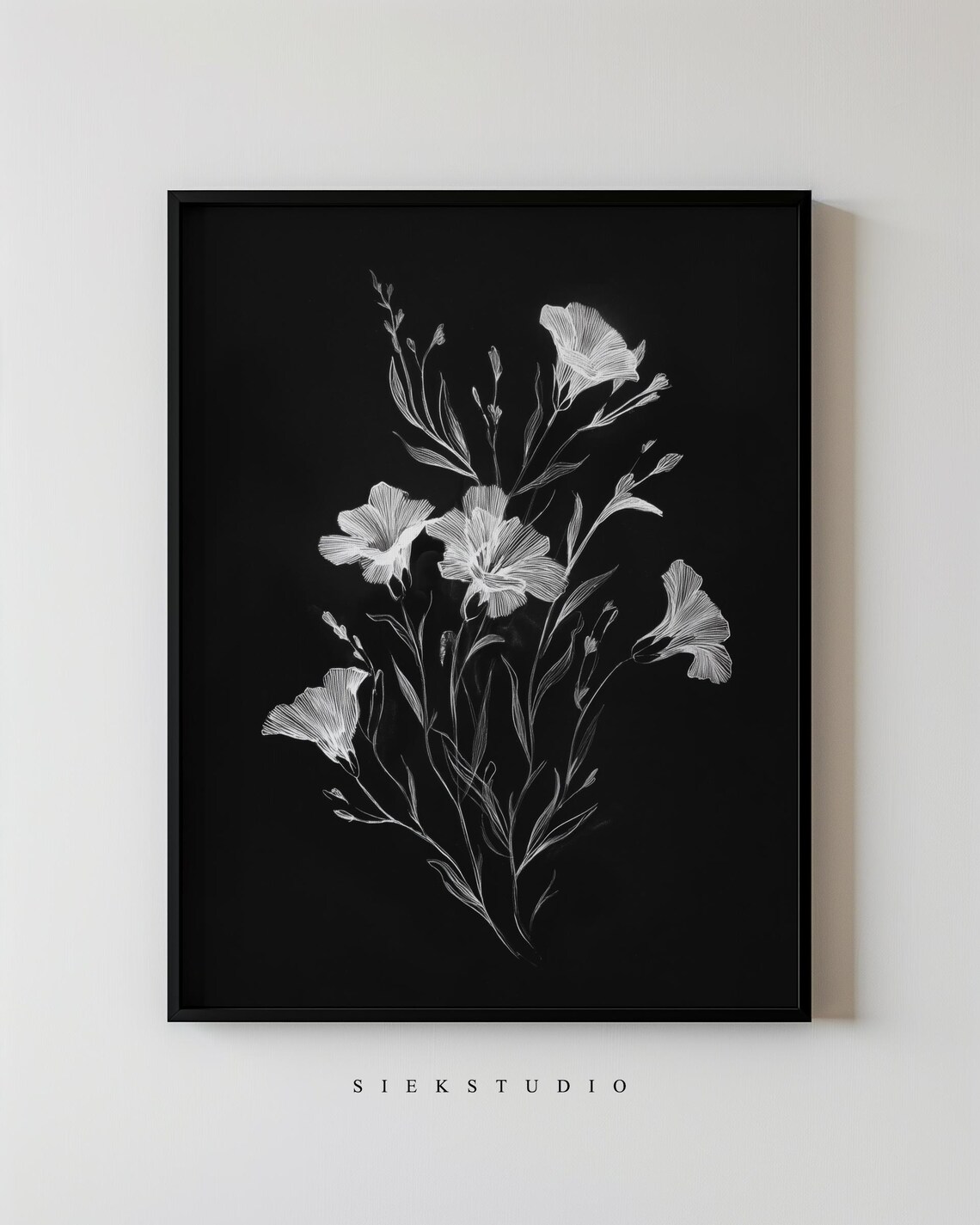 White Floral Line Drawing on Black Botanical Modern Art Poster
