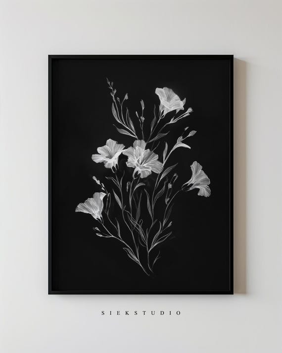 Botanical Black And White Wall Art Minimalist Floral Ink Modern Neutral Flower Bouquet Contemporary Abstract Bloom Artwork Decor
