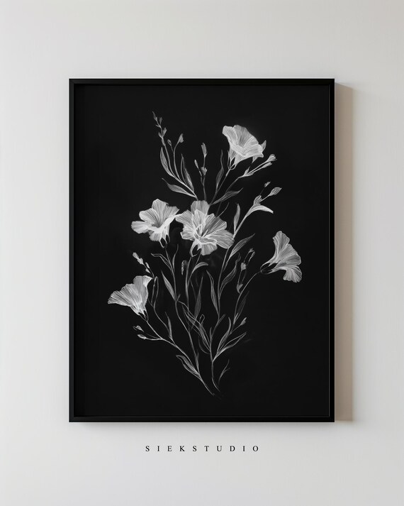 White Floral Line Drawing on Black Botanical Modern Art Poster