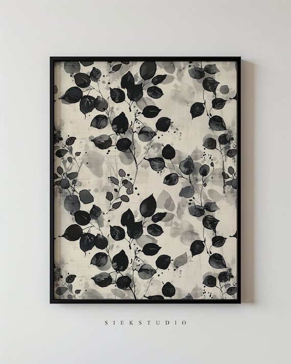 Black Beige Watercolor Leaf Branches Modern Neutral Botanical Art Poster