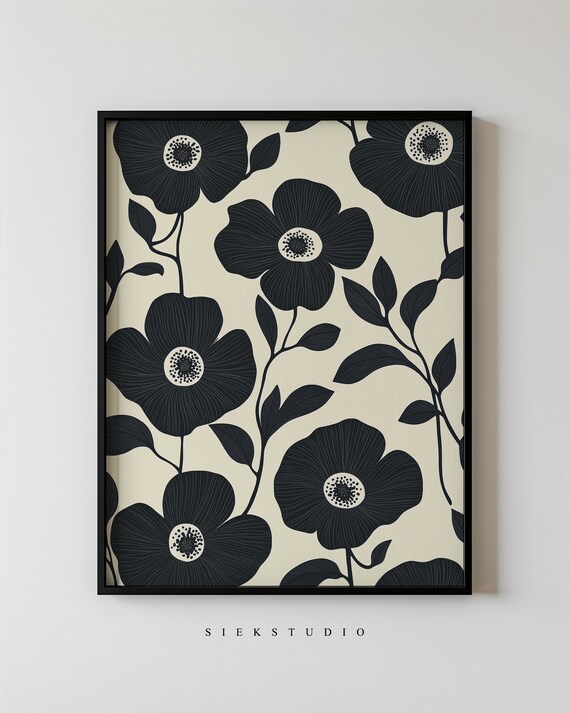 Black Floral Botanical Poppy Bloom Cream Minimalist Wall Poster