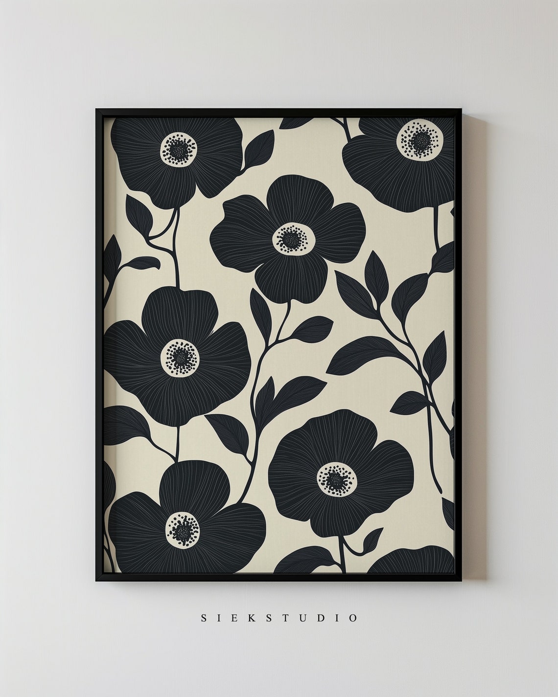 Black Floral Botanical Poppy Bloom Cream Minimalist Wall Poster