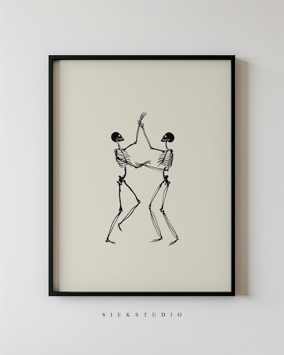 Dancing Skeletons Minimalist Figurative Drawing Modern Black Halloween Skeleton Art Illustration Neutral Contemporary Wall 124